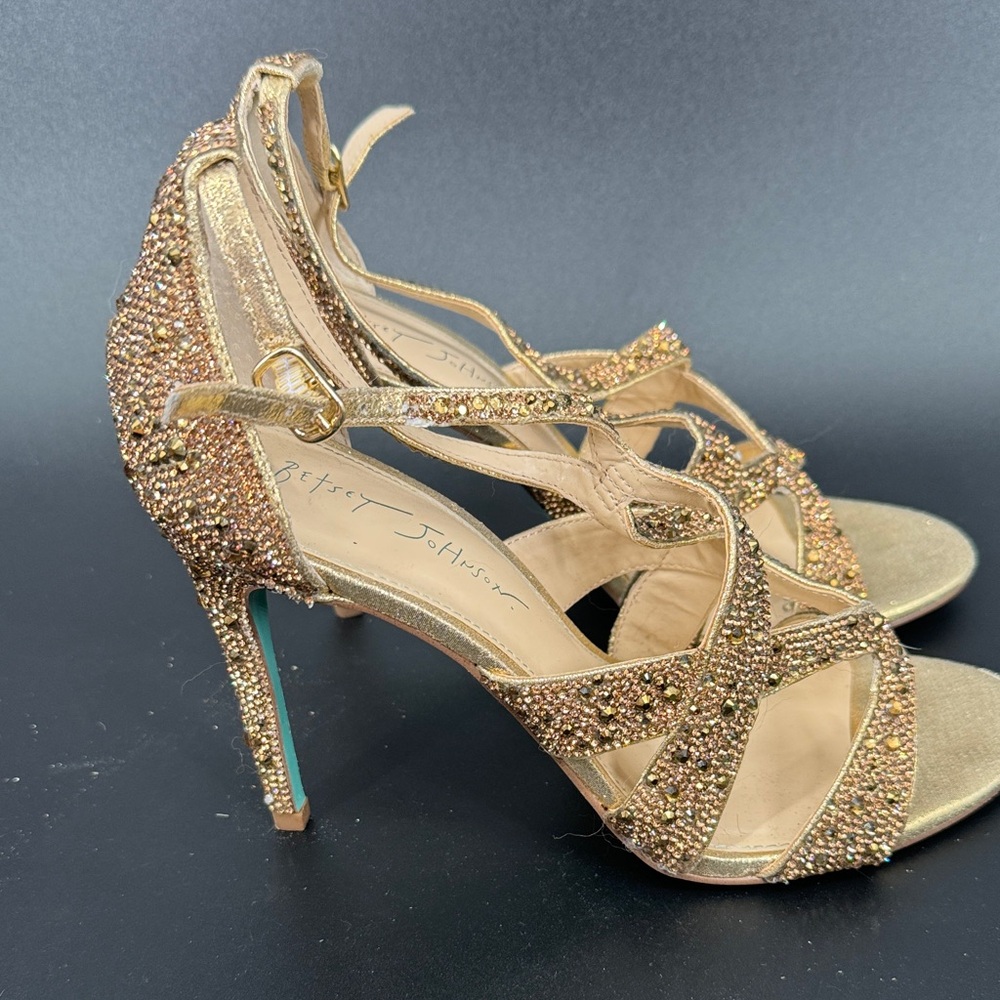 Betsey Johnson Rose Gold Crystal Strappy High Heels